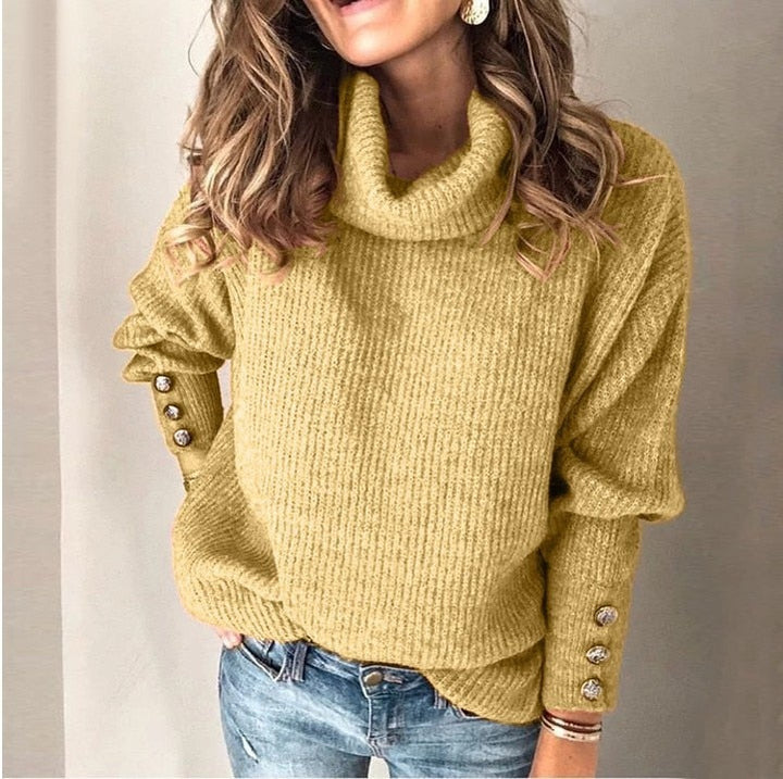 Women's ribbed turtleneck pullover sweater with long sleeves and button cuffs