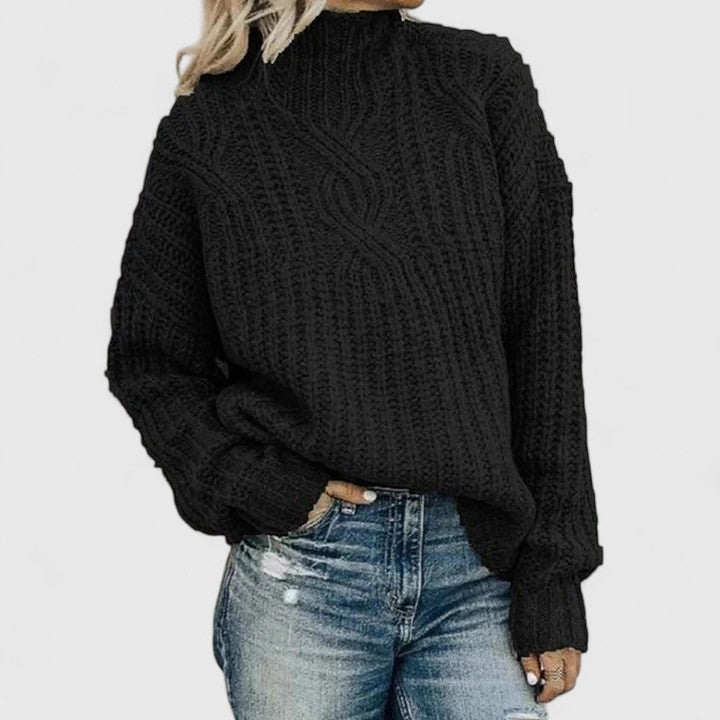 Women's cable knit sweater with high mock neck and long sleeves
