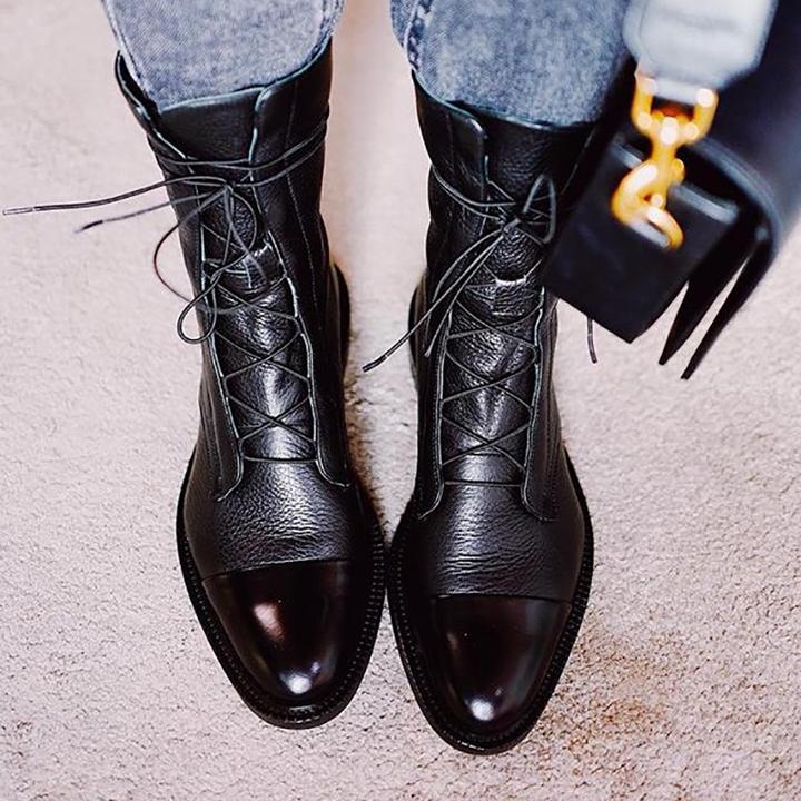 Women's tall classic lace-up boots with almond toes and low heels