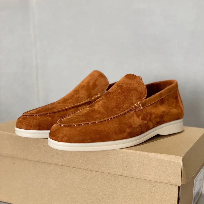Women's suede-finish slip-on loafers with rounded moc toes and contrasting flat soles