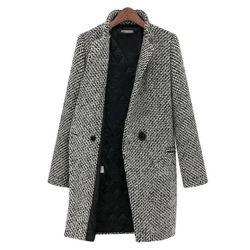 Women's long black and white houndstooth coat with lapels and button front