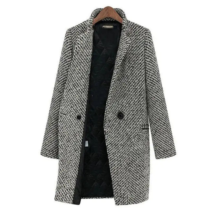 Women's long black and white houndstooth coat with lapels and button front