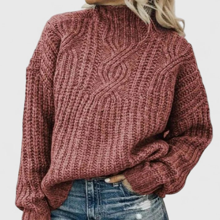 Women's cable knit sweater with high mock neck and long sleeves