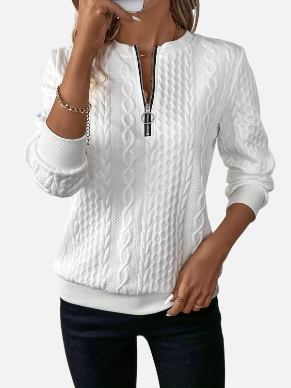 Women's long-sleeve cable knit half-zip jumper with textured panels