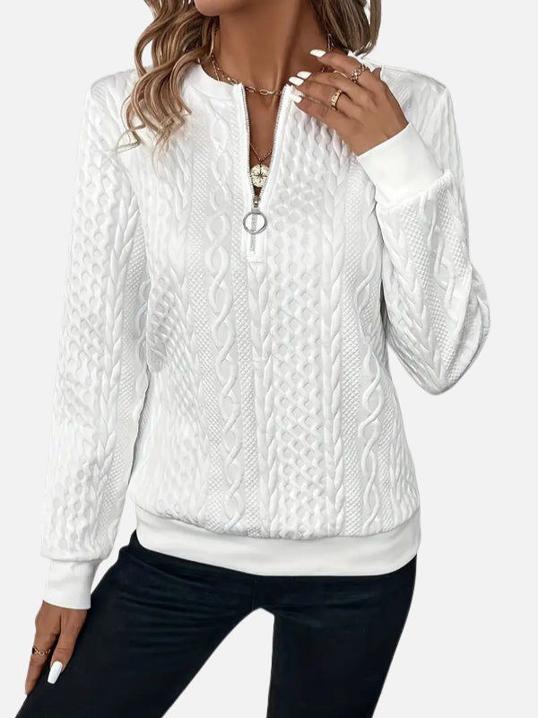 Women's long-sleeve cable knit half-zip jumper with textured panels