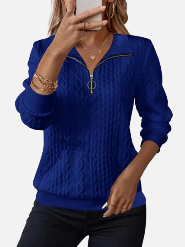 Women's long-sleeve cable knit half-zip jumper with textured panels