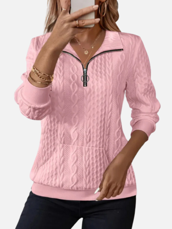 Women's long-sleeve cable knit half-zip jumper with textured panels