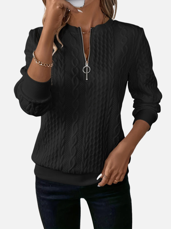 Women's long-sleeve cable knit half-zip jumper with textured panels