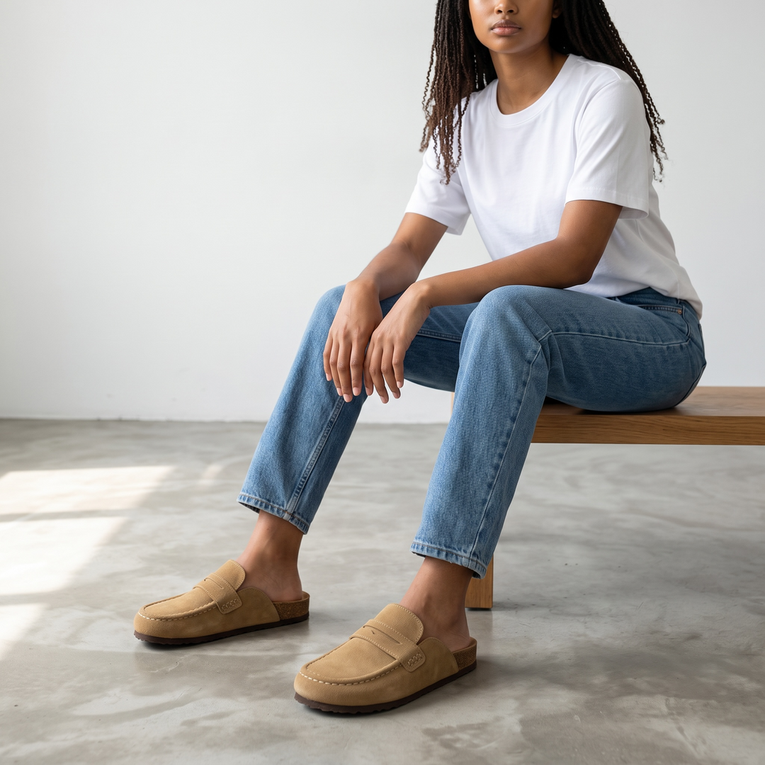 Women's beige loafer mule clogs with round toes and flat soles