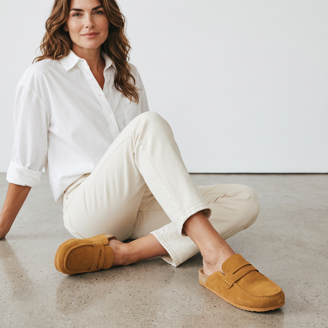 Women's brown flat loafer mule clogs with rounded moc toes and open backs