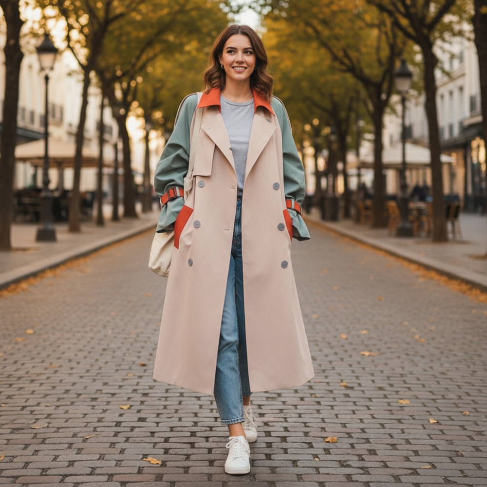 Women's beige colorblock trench coat with blue-green sleeves and orange contrast panels