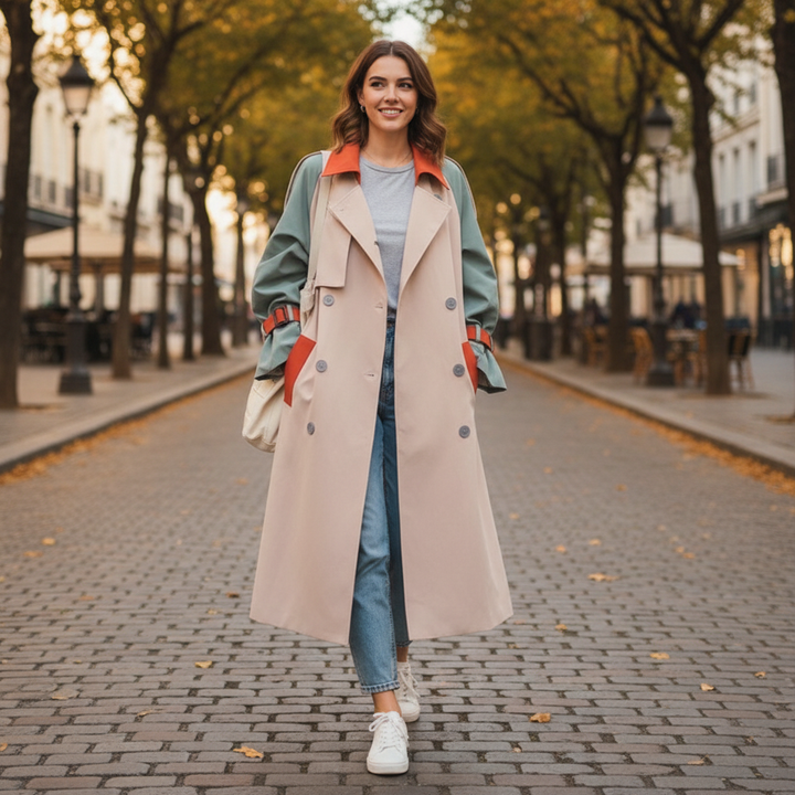 Women's beige colorblock trench coat with blue-green sleeves and orange contrast panels
