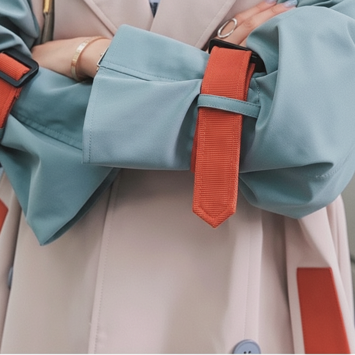 Women's beige colorblock trench coat with blue-green sleeves and orange contrast panels