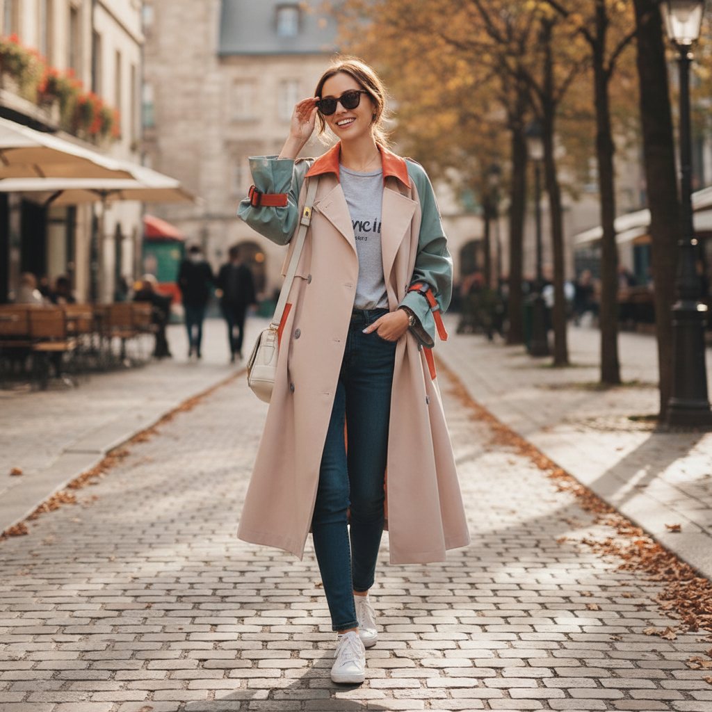 Women's beige colorblock trench coat with blue-green sleeves and orange contrast panels