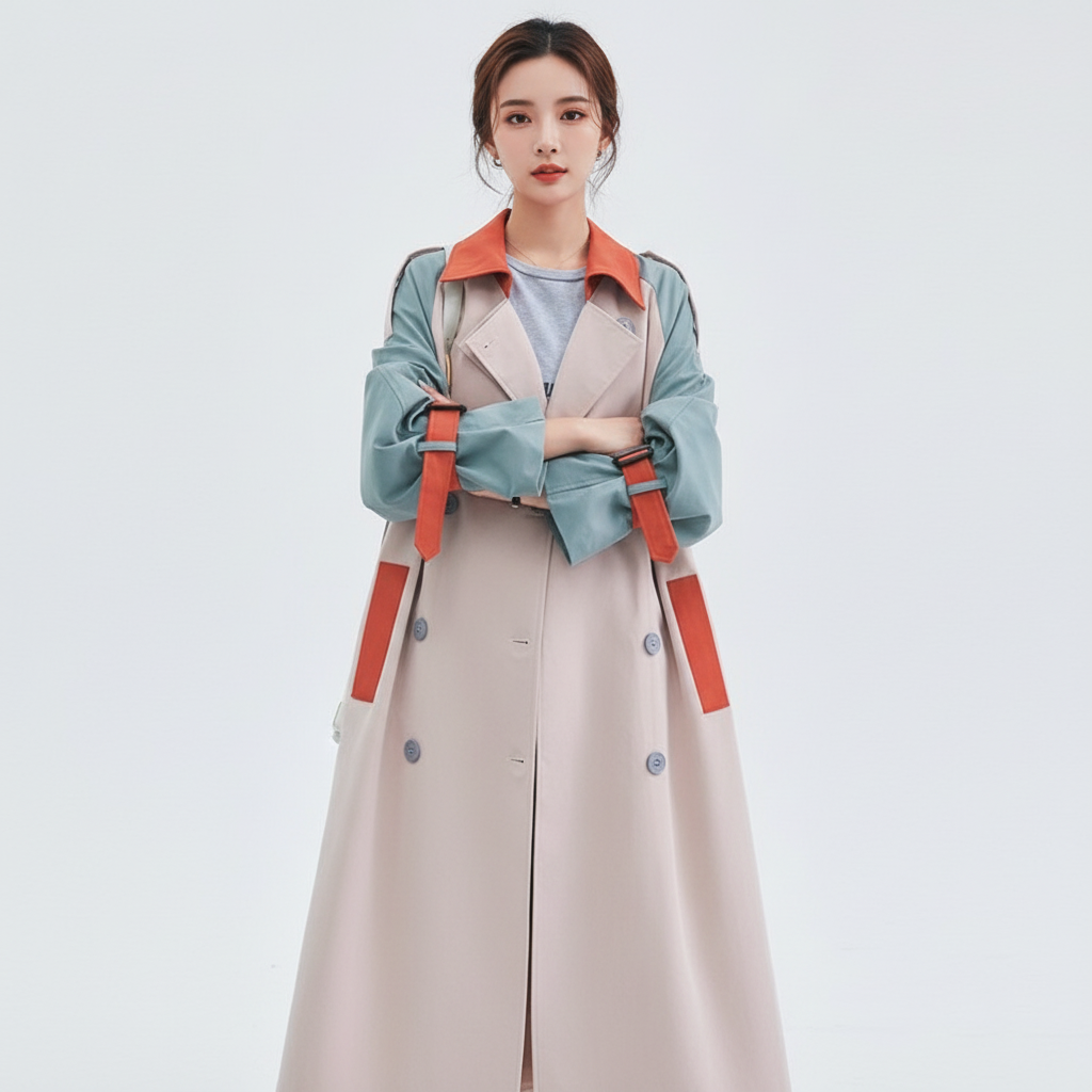 Women's beige colorblock trench coat with blue-green sleeves and orange contrast panels