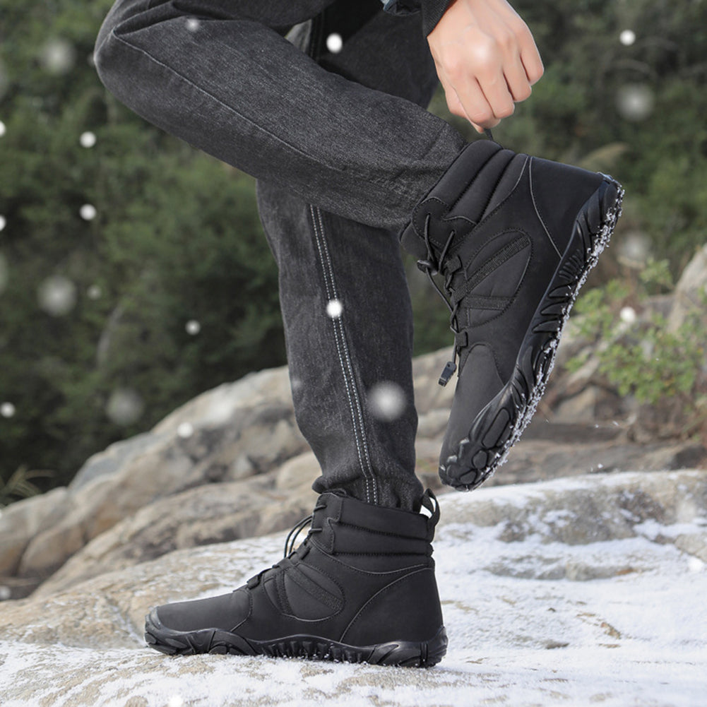 High-top barefoot ankle boots with round toes, lace-up fronts and textured flat soles