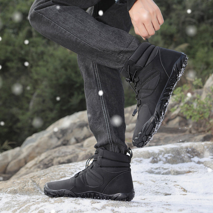High-top barefoot ankle boots with round toes, lace-up fronts and textured flat soles