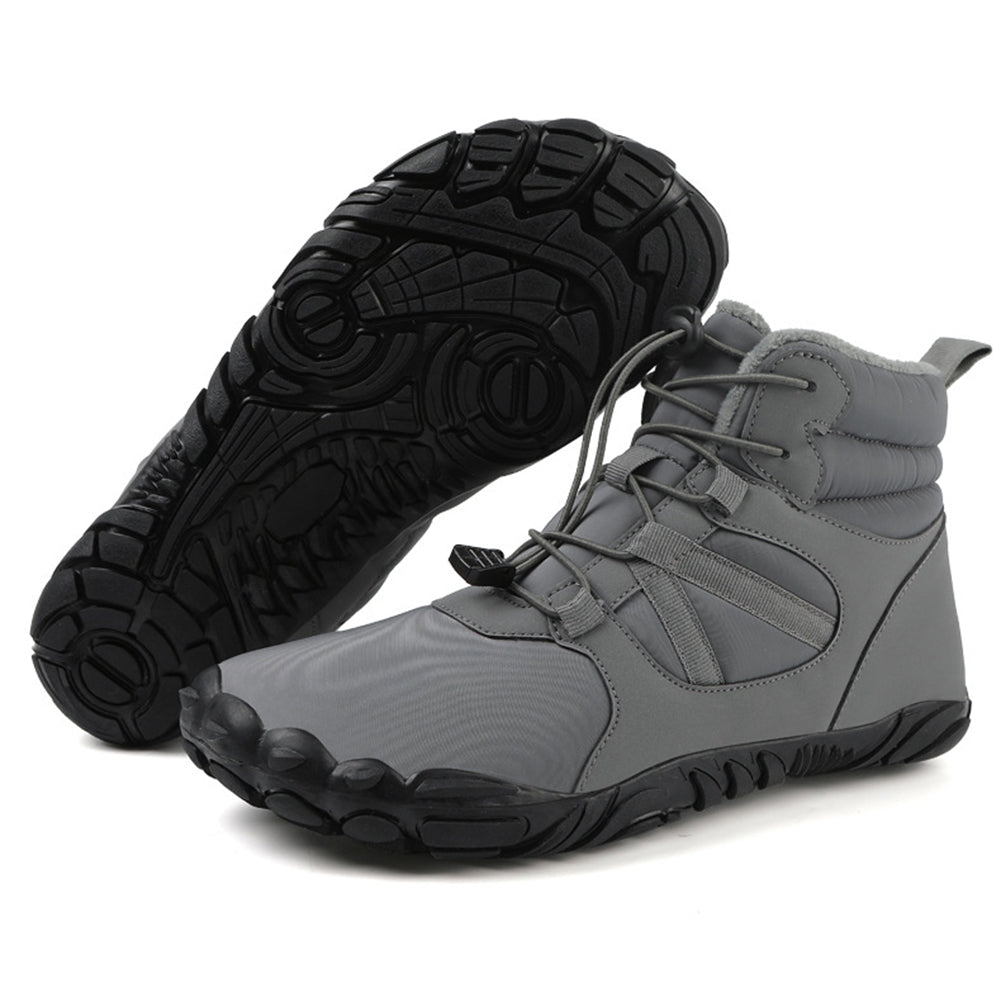 High-top barefoot ankle boots with round toes, lace-up fronts and textured flat soles