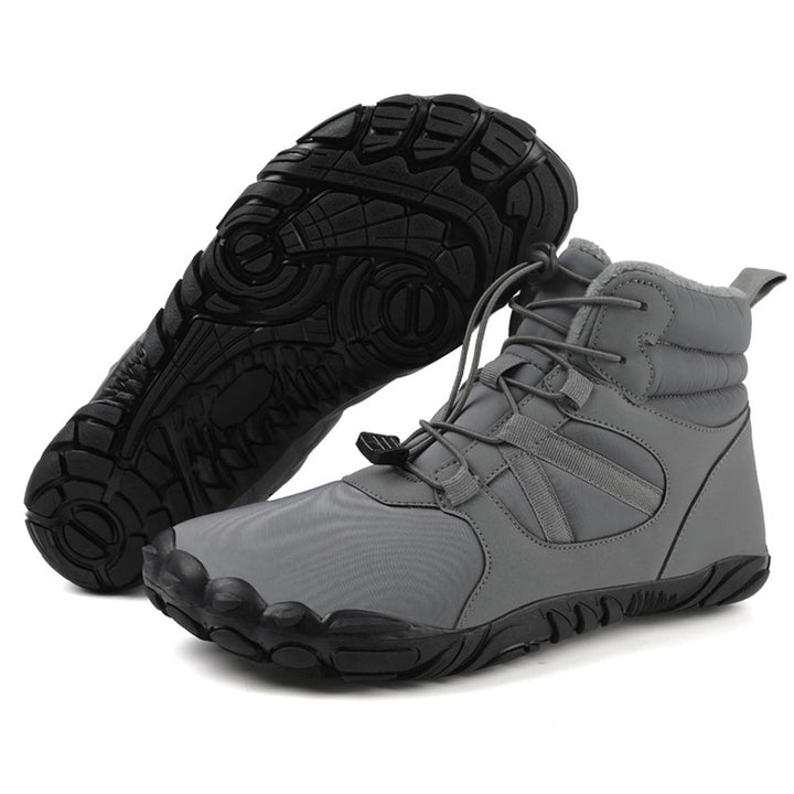 High-top barefoot ankle boots with round toes, lace-up fronts and textured flat soles