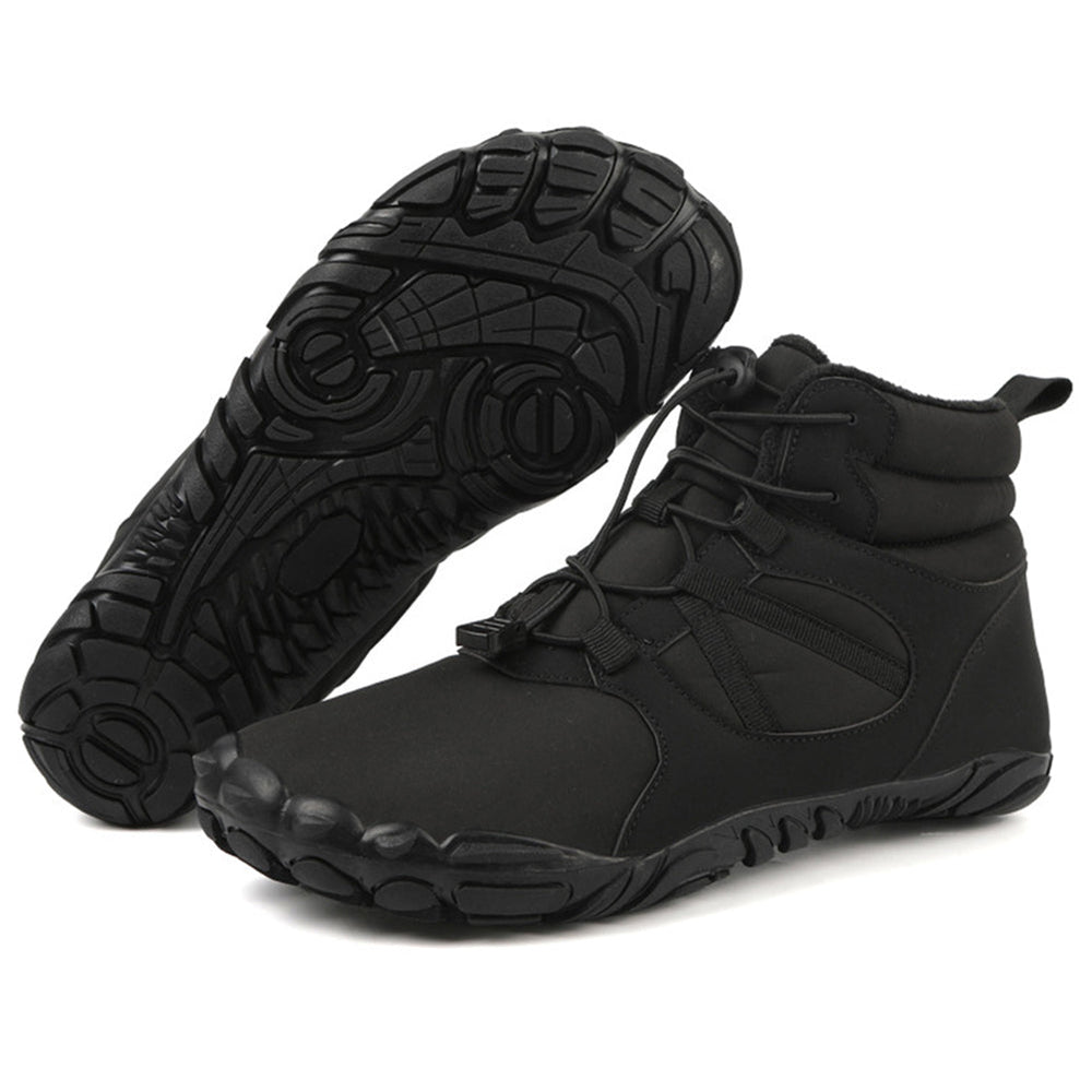 High-top barefoot ankle boots with round toes, lace-up fronts and textured flat soles