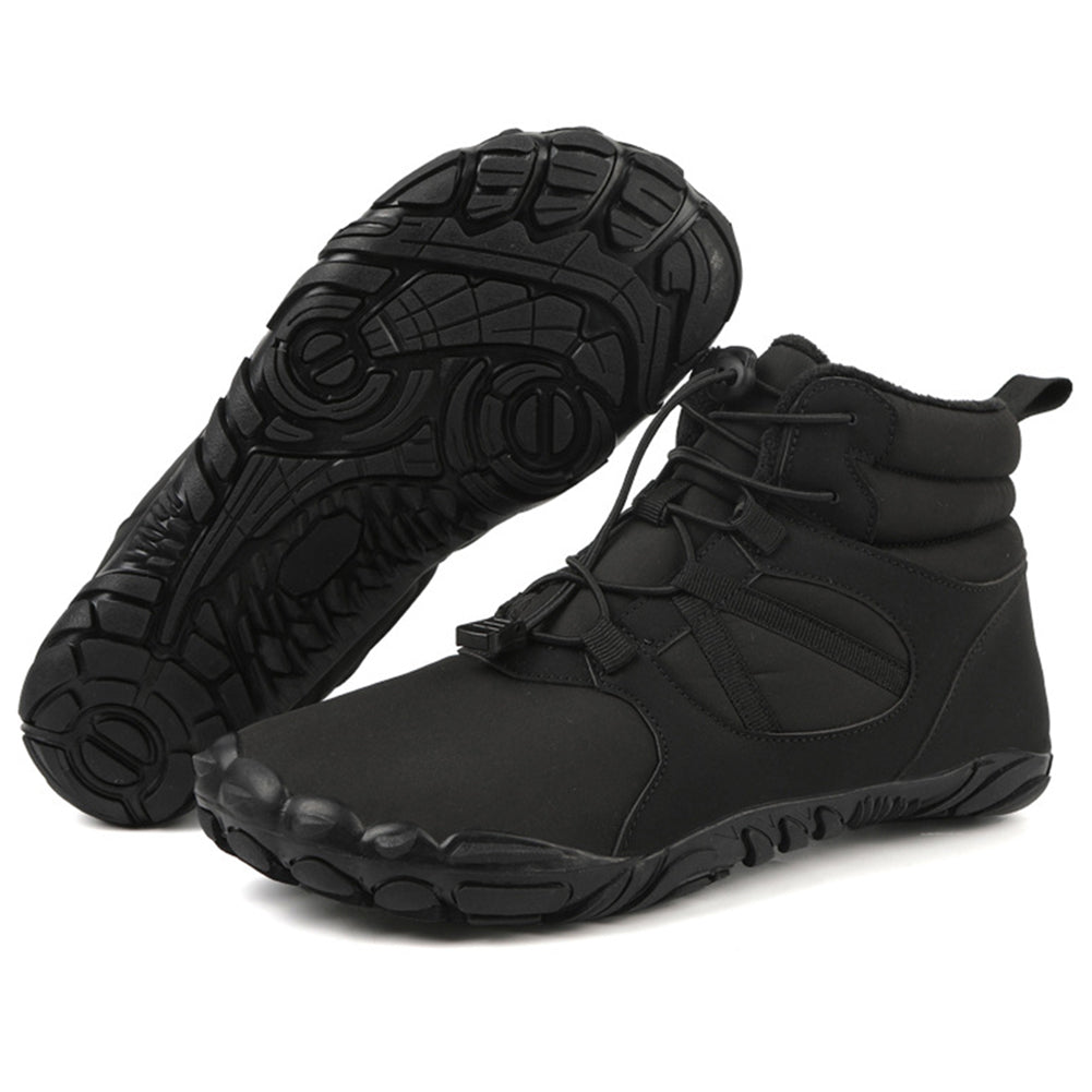 High-top barefoot ankle boots with round toes, lace-up fronts and textured flat soles