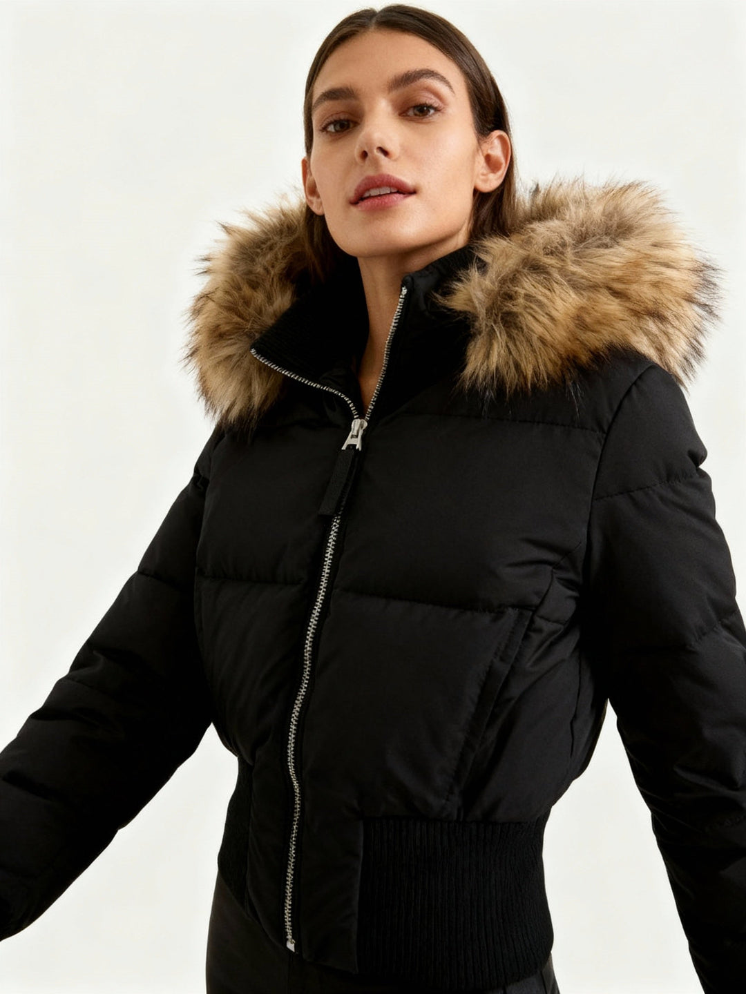 Women's hooded puffer jacket with fur-trimmed hood and zip front