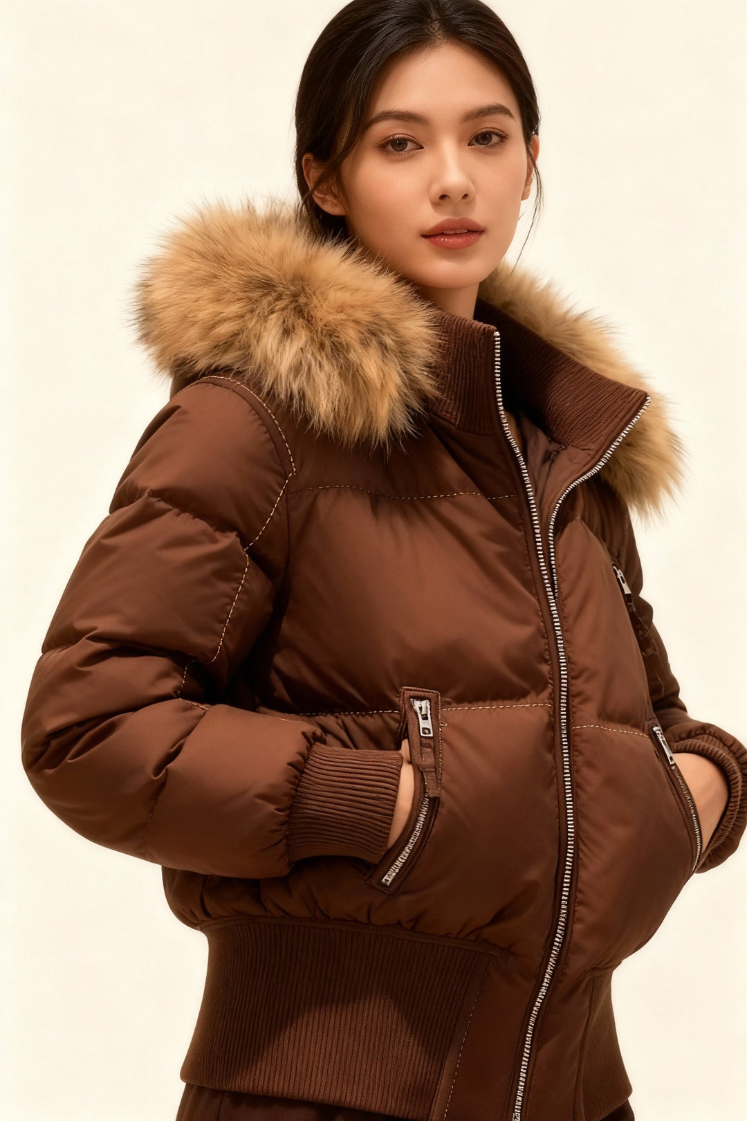Women's hooded puffer jacket with fur-trimmed hood and zip front