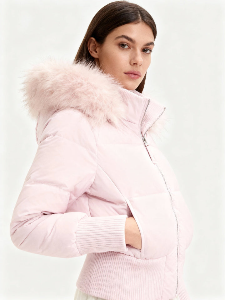 Women's hooded puffer jacket with fur-trimmed hood and zip front
