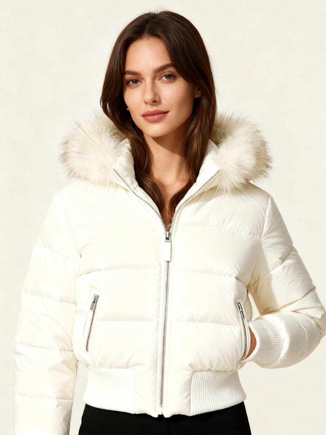Women's hooded puffer jacket with fur-trimmed hood and zip front