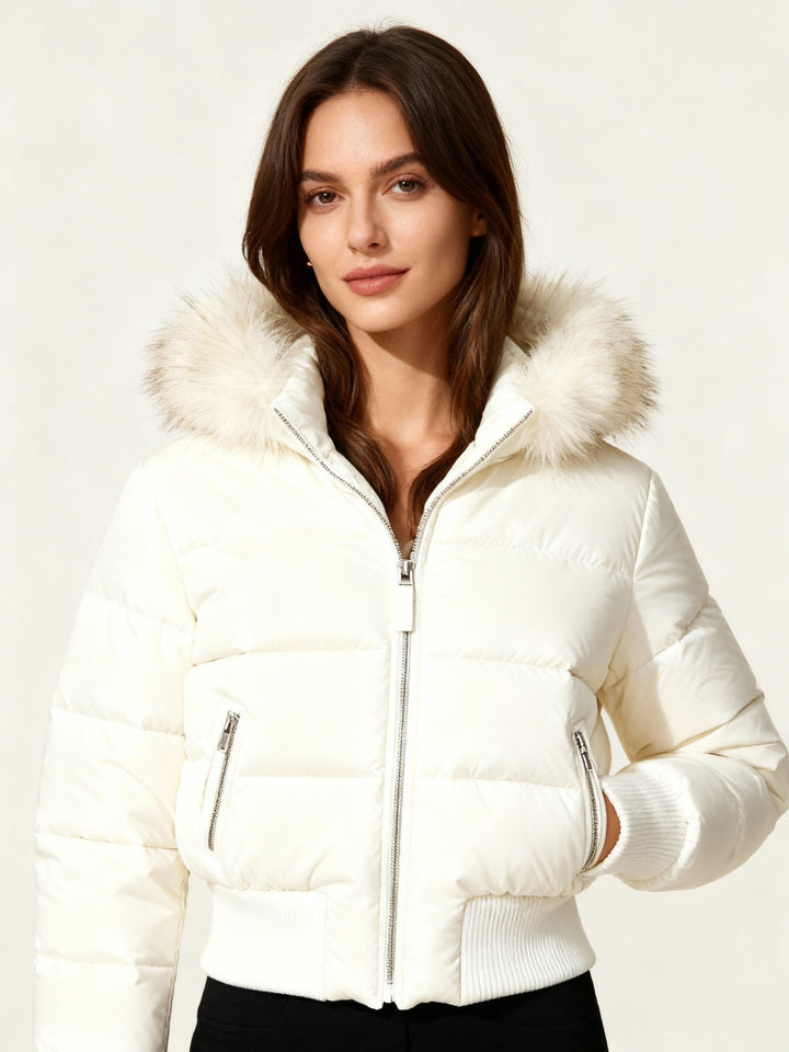 Women's hooded puffer jacket with fur-trimmed hood and zip front
