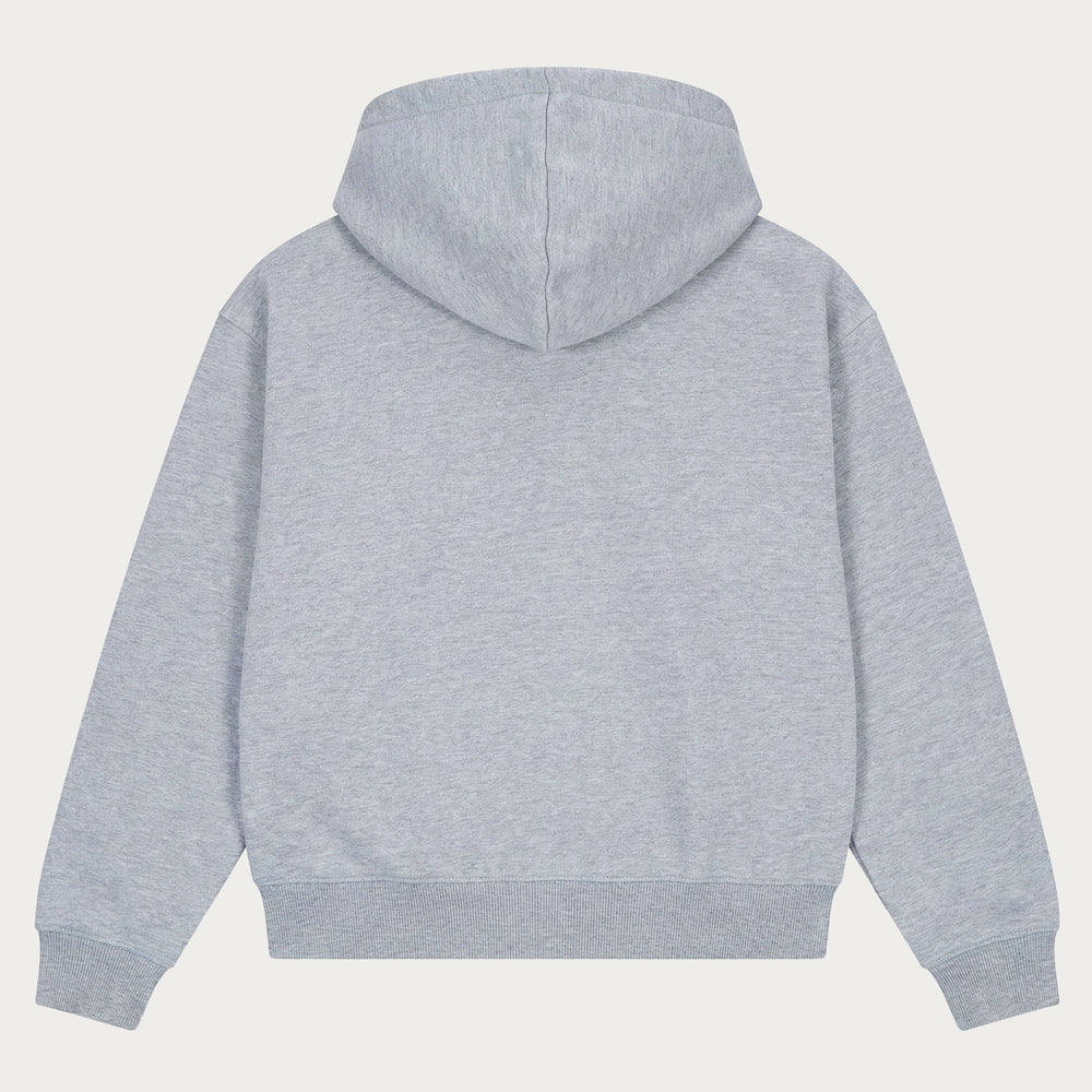 Gray unisex hooded sweatshirt with long sleeves and kangaroo pocket