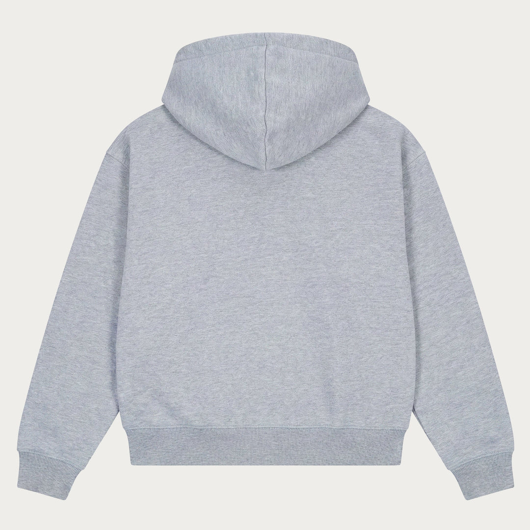 Gray unisex hooded sweatshirt with long sleeves and kangaroo pocket