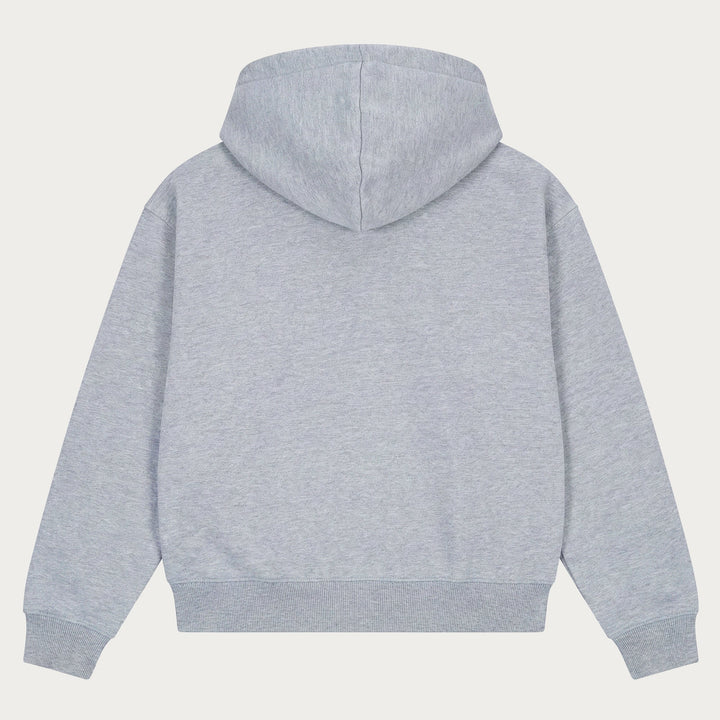 Gray unisex hooded sweatshirt with long sleeves and kangaroo pocket