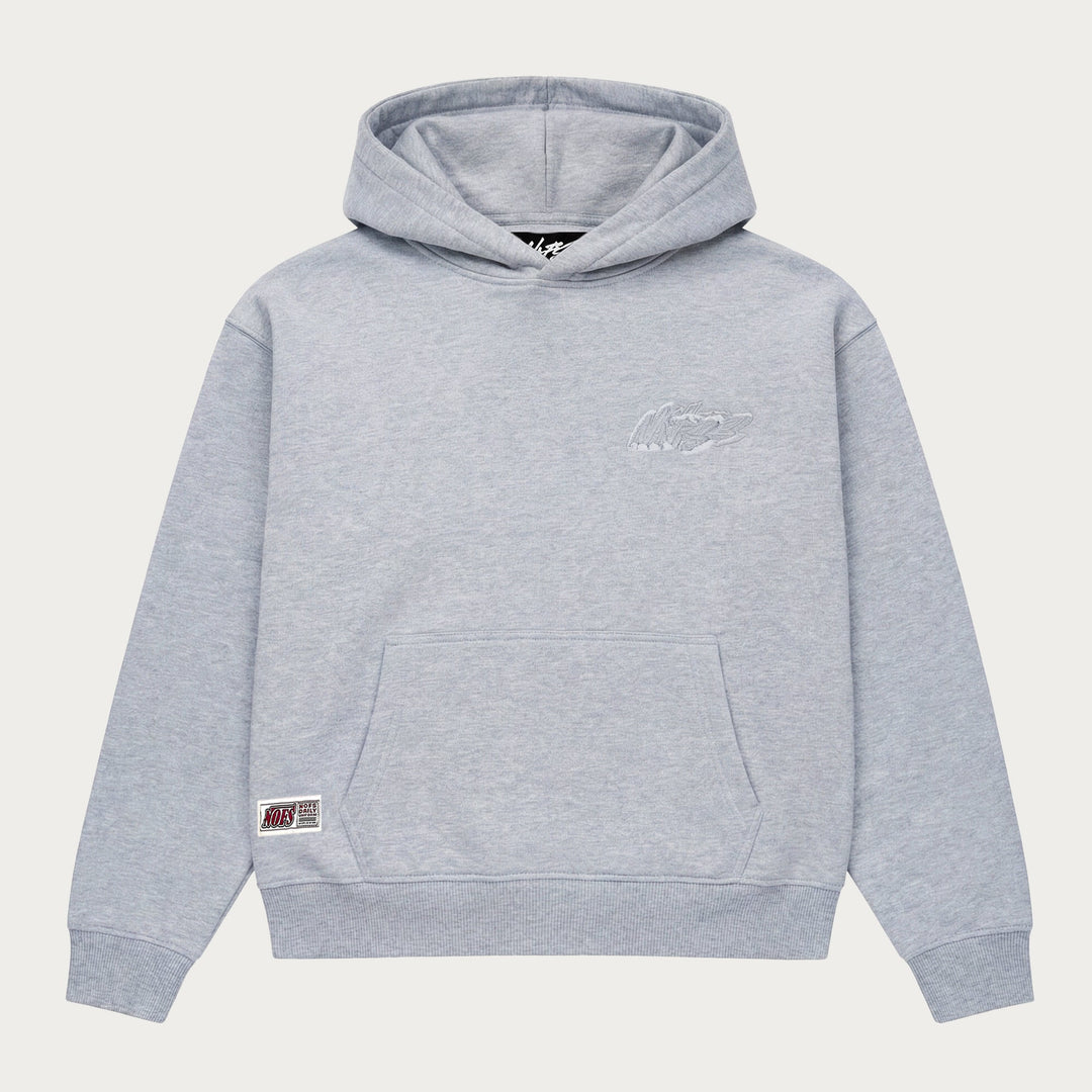 Gray unisex hooded sweatshirt with long sleeves and kangaroo pocket
