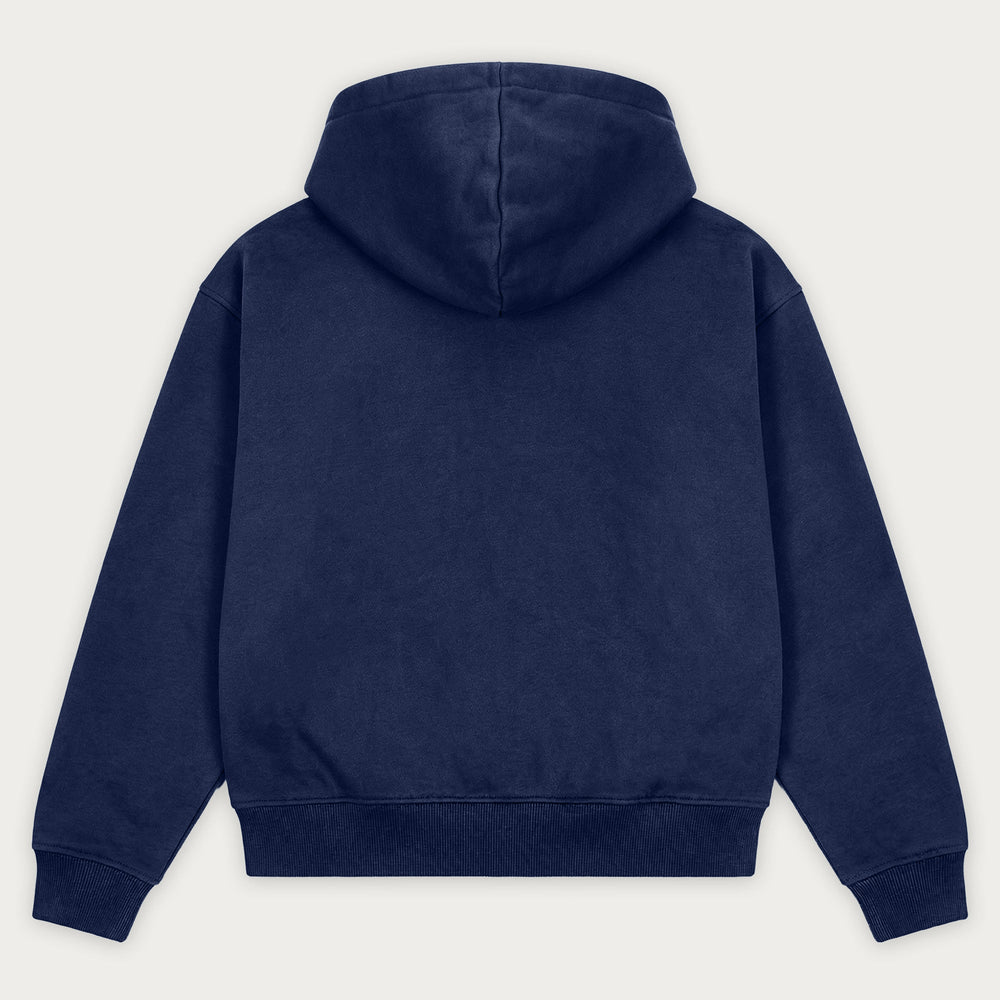 Navy pullover hoodie with hood, long sleeves and front kangaroo pocket