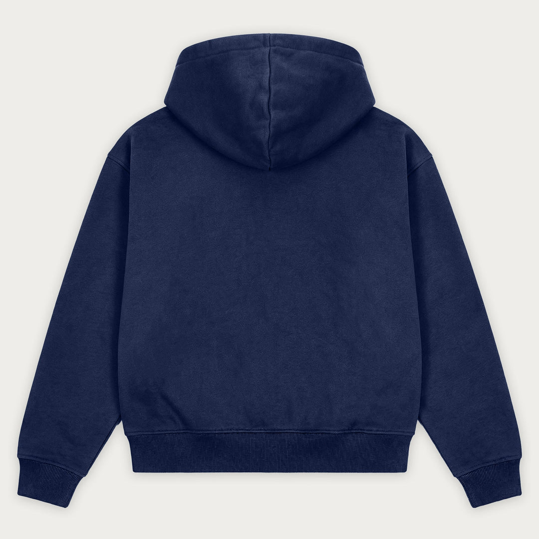 Navy pullover hoodie with hood, long sleeves and front kangaroo pocket
