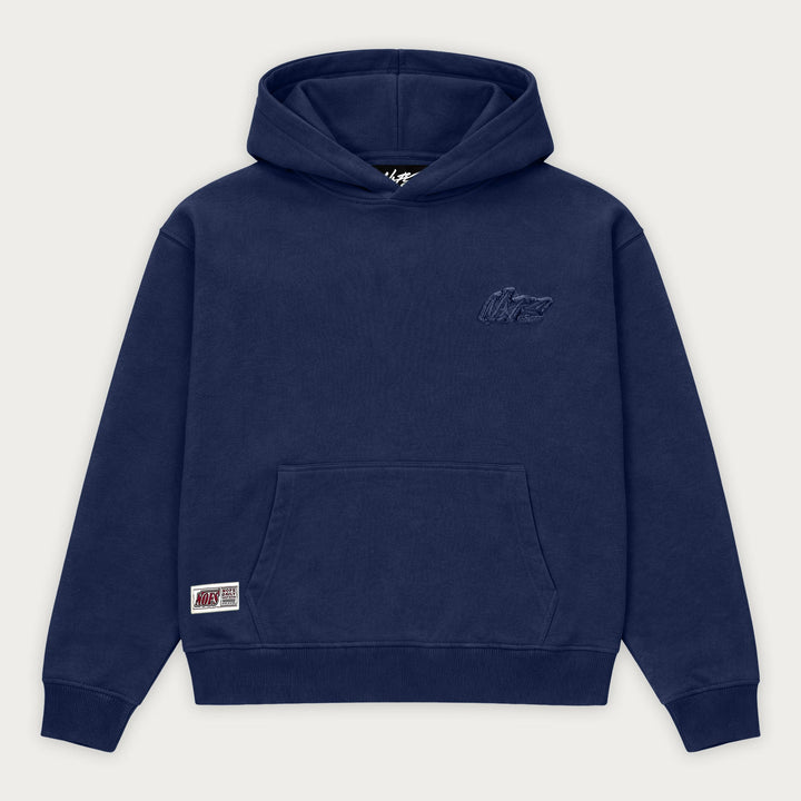 Navy pullover hoodie with hood, long sleeves and front kangaroo pocket