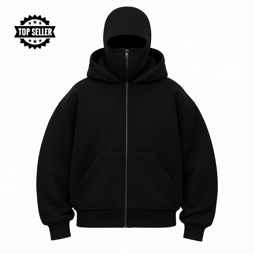 Unisex hooded zip hoodie with integrated face cover and front pockets