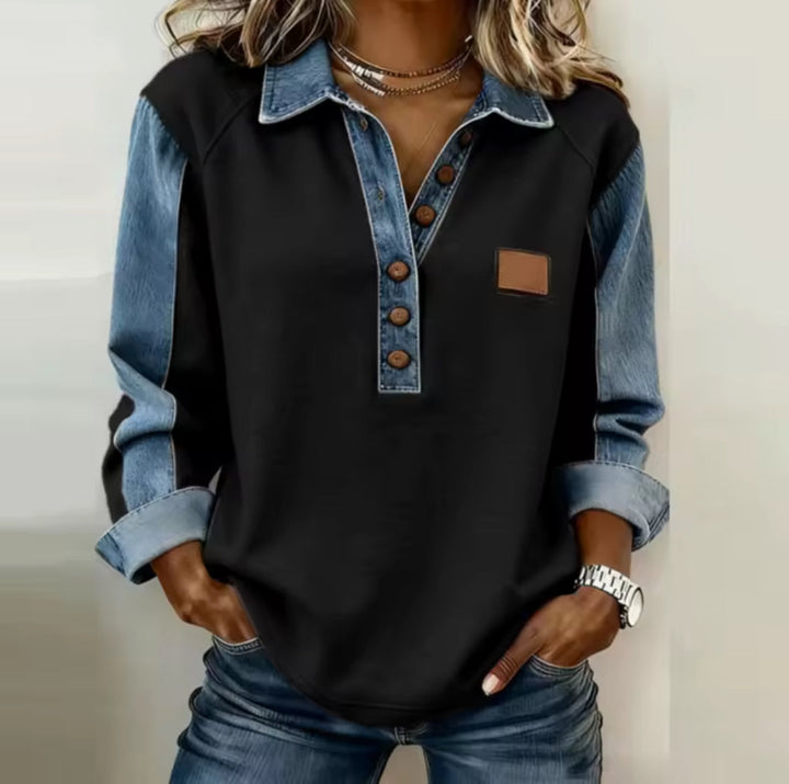Women's long-sleeve pullover top with contrast denim collar and button placket