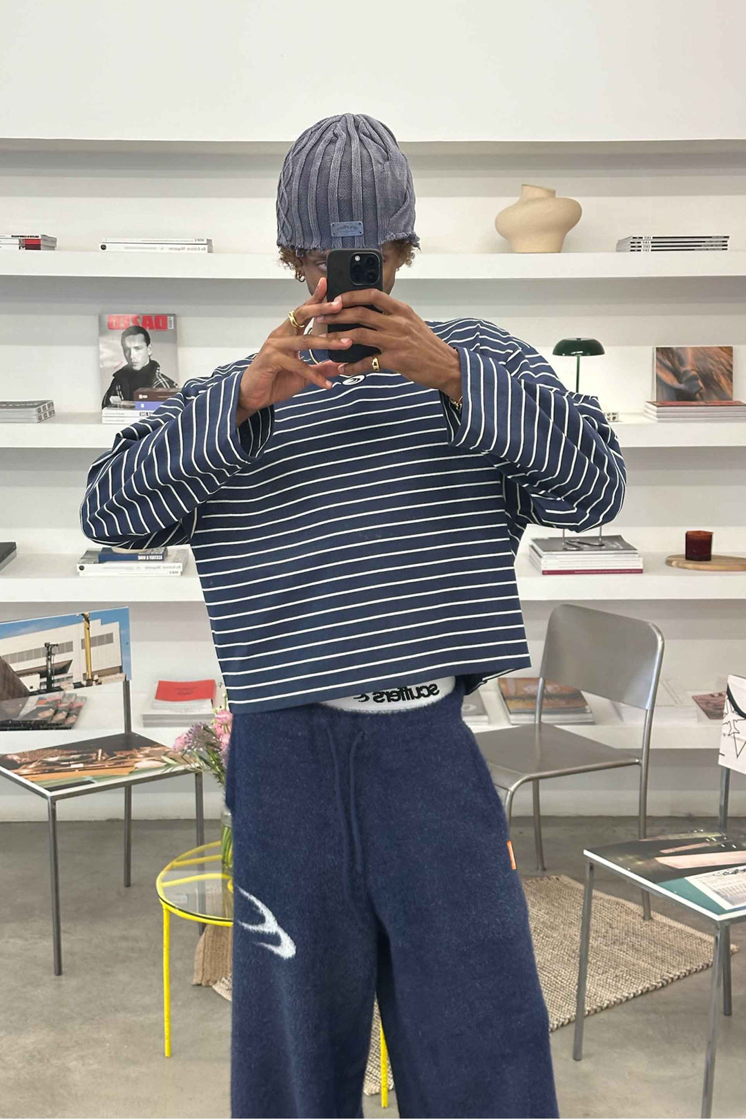 Women's navy and light striped crew neck jumper with long sleeves