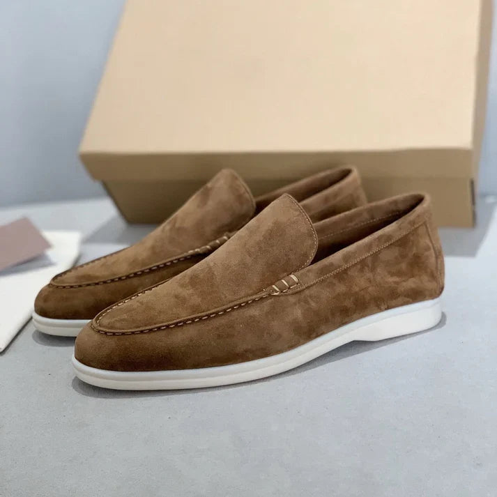 Women's suede-finish slip-on loafers with rounded moc toes and contrasting flat soles