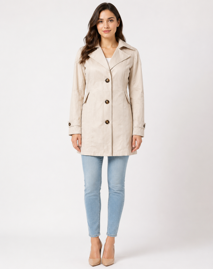 Women's short trench coat with notched lapels, long sleeves and button front