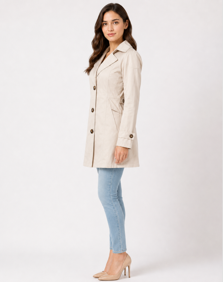 Women's short trench coat with notched lapels, long sleeves and button front