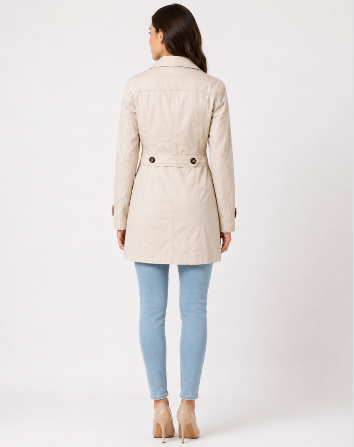 Women's short trench coat with notched lapels, long sleeves and button front
