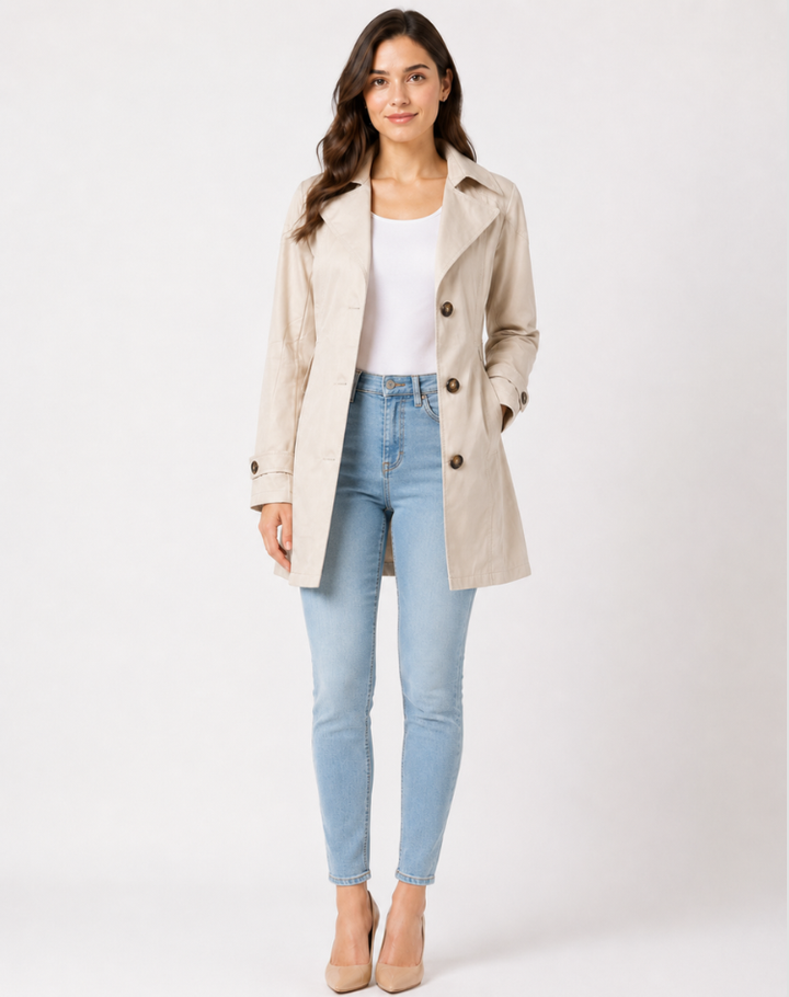 Women's short trench coat with notched lapels, long sleeves and button front