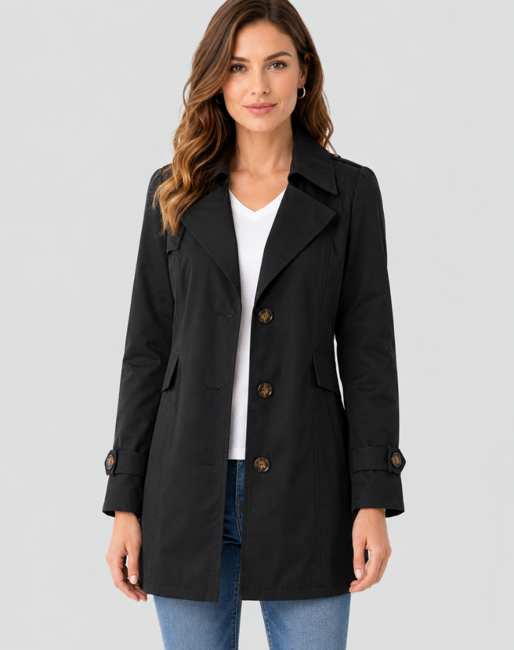 Women's short trench coat with notched lapels, long sleeves and button front