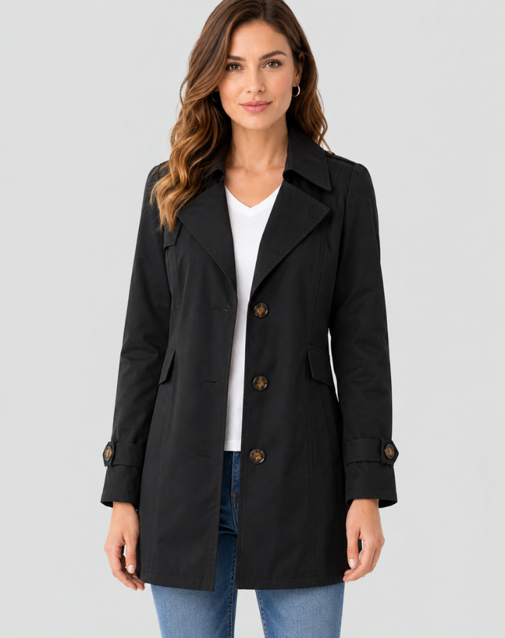 Women's short trench coat with notched lapels, long sleeves and button front
