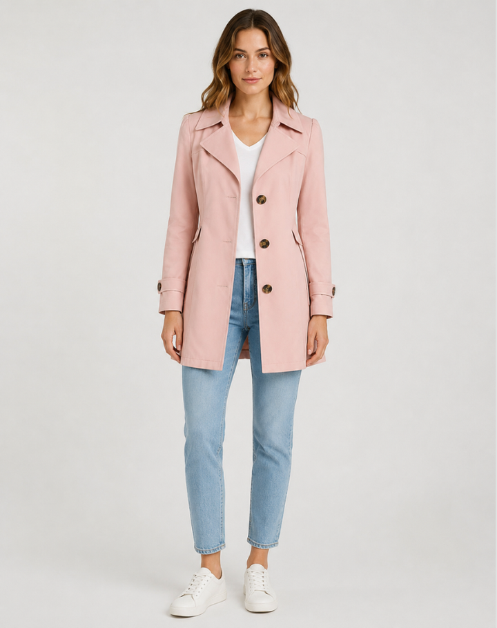 Women's short trench coat with notched lapels, long sleeves and button front