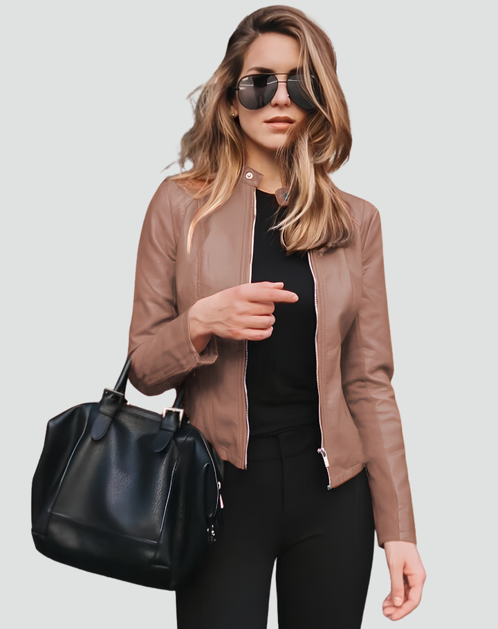 Women's short zip-front jacket with stand collar and long sleeves