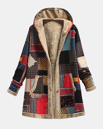 Women's multicolor patchwork hooded jacket with long sleeves and zip front